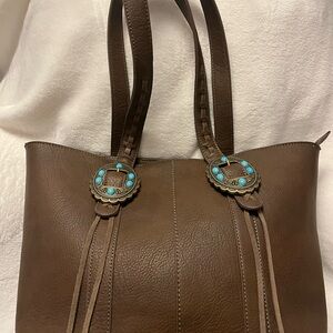 Justin Boots Brown Vegan Leather Tote with Turquoise Conchos